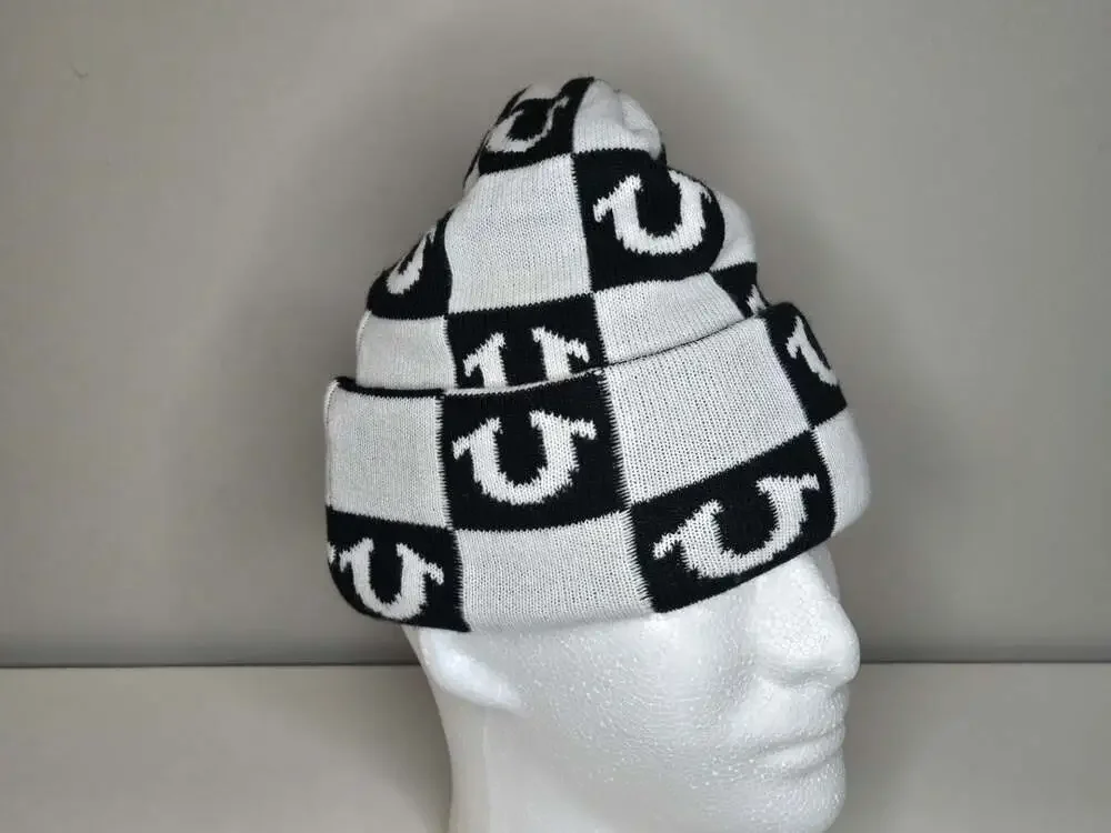 True Religion Black and White Checkerboard Logo Cuffed Beanie Knit Cap